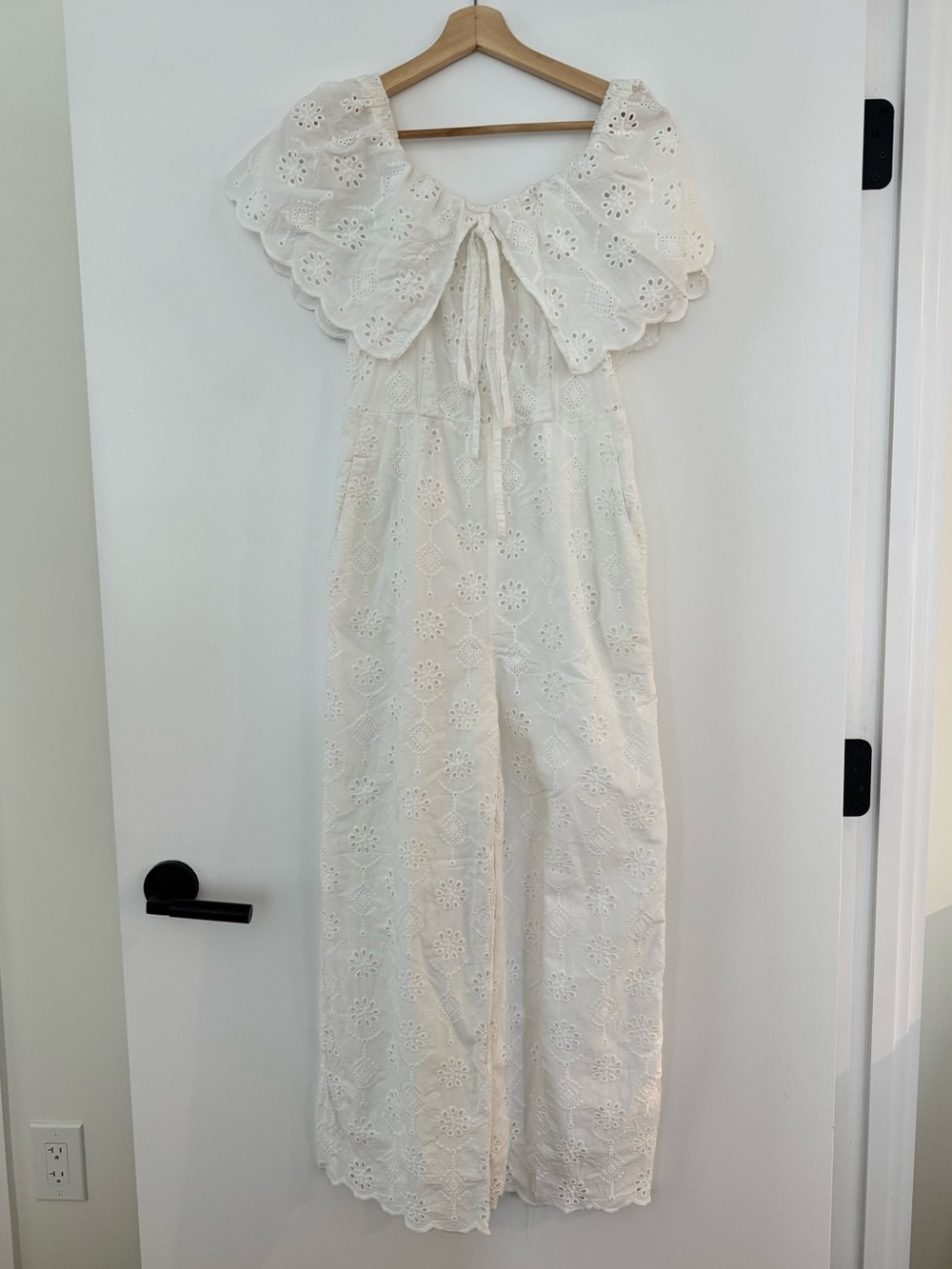 Anthropologie White Eyelet Wide-Leg Jumpsuit with Scalloped Collar